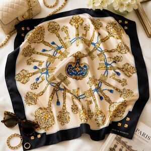 Vintage Jean De Bahrein Keys Scarf 30” Square Pink Black Gold Blue Baroque